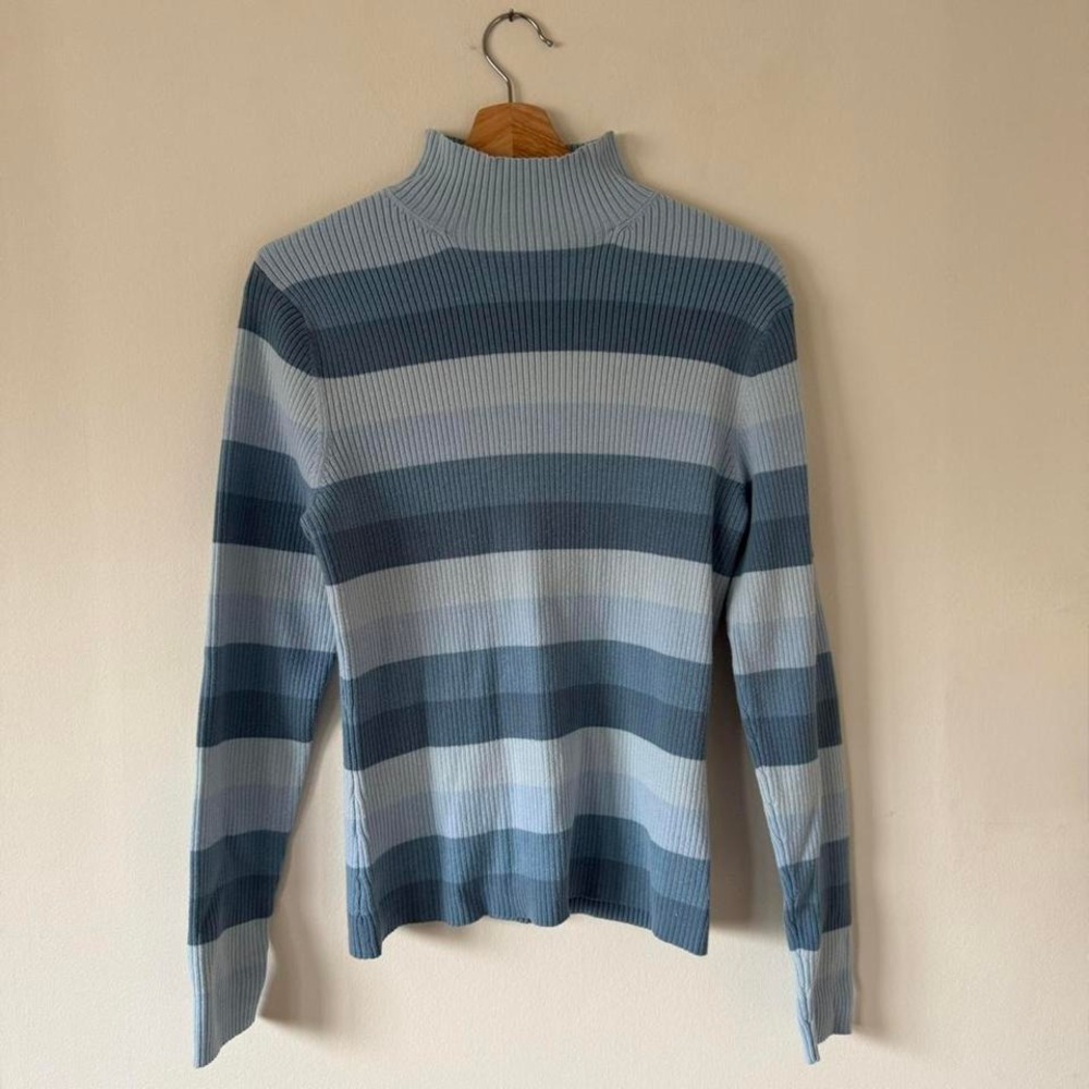 Worthington Blue Striped Turtleneck Sweater Womens M Y2k Rory Gilmore Preppy